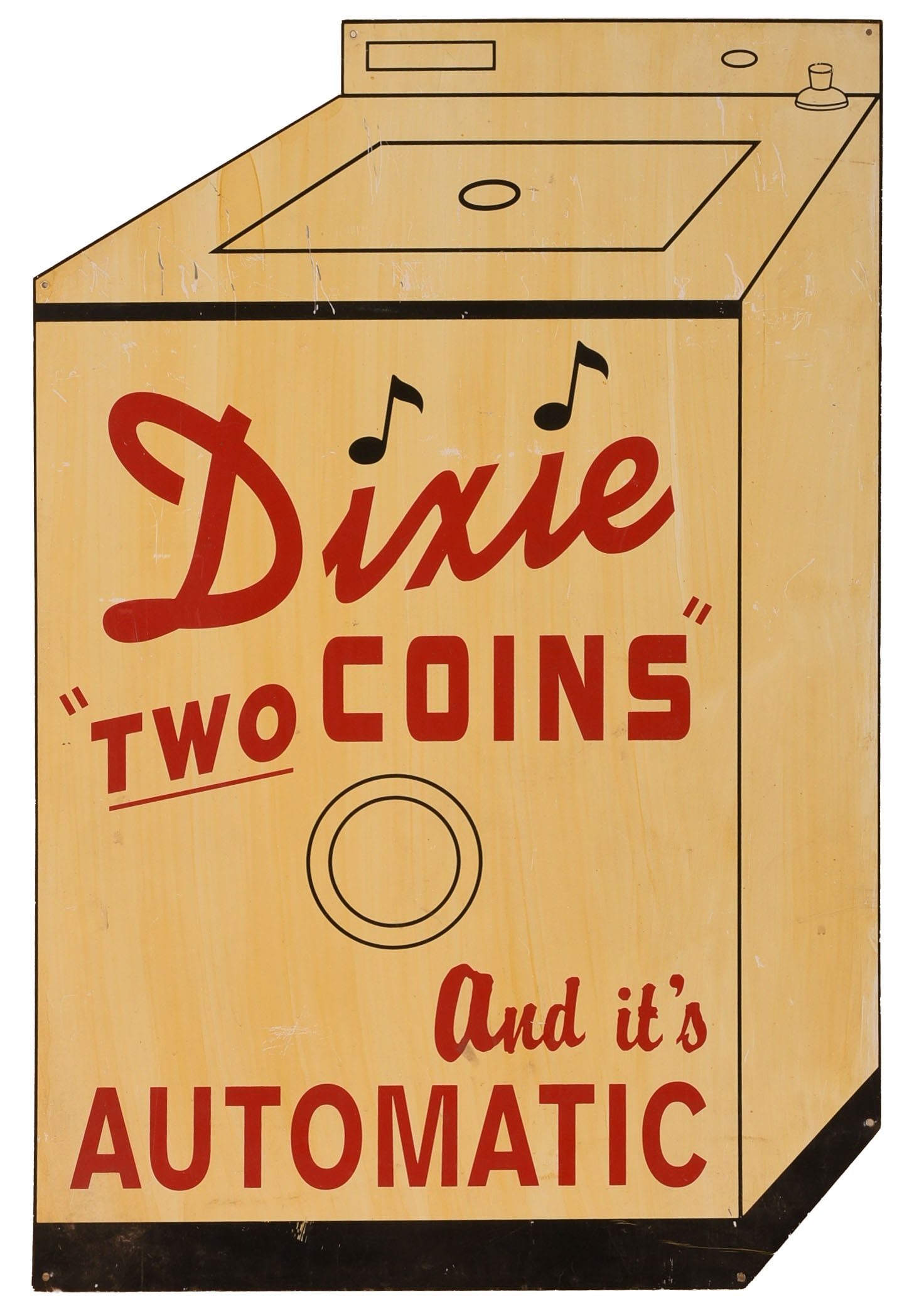 Dixie "Two Coins" and it's Automatic Tin Sign.: 36 x 24 inches. Some slight wear. IN HOUSE SHIPPING: We offer very competitively priced in house shipping for all items in this sale. Please contact us for a quote.