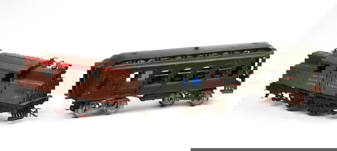 The Ives Railway Lines 3242 Standard Gauge Locomotive.: Length 12 inches. Together with a boxcar, length 16 inches. Not tested for operation, some very minor paint loss. IN HOUSE SHIPPING: We offer very competitively priced in house shipping for all items