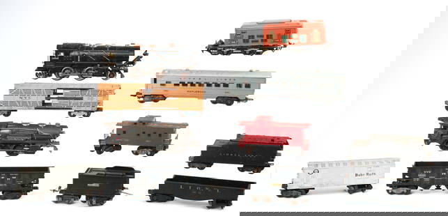 Collection of Lionel O Gauge Locomotives and Cars.: 262E Locomotive and tender, 259E locomotive, 248 passenger car, 2421 Maplewood passenger car, 6012 gondola car, and five others. Some wear, some bent metal pieces. IN HOUSE SHIPPING: We offer very com