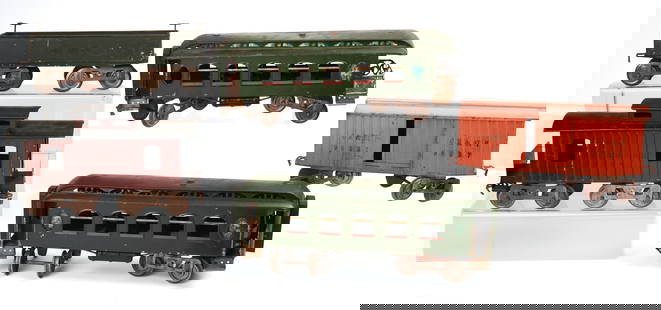 Five Lionel Standard Gauge Train Cars.: Two observation cars, a gondola, boxcar, and a caboose. All in fair condition, some surface scratches and rust. IN HOUSE SHIPPING: We offer very competitively priced in house shipping for all items in
