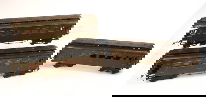Three Ives Railway Standard Gauge Parlor Cars.: 187, 188 and 189. Fair condition, some scratches and rust. IN HOUSE SHIPPING: We offer very competitively priced in house shipping for all items in this sale. Please contact us for a quote.