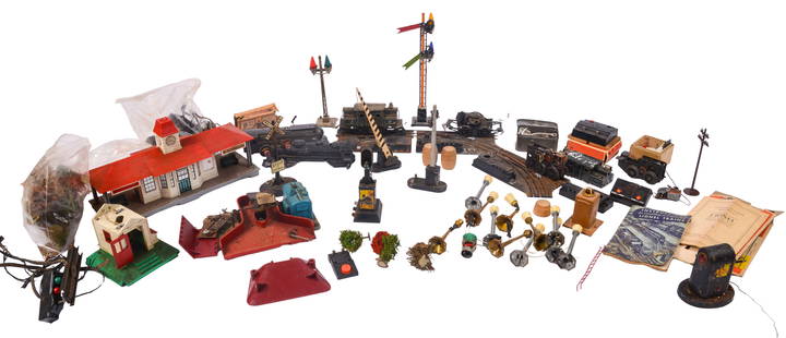 Large Group of Model Train Accessories and Parts.: Including station, track sections, partial locomotives and railroad cars, and more. IN HOUSE SHIPPING: We offer very competitively priced in house shipping for all items in this sale. Please contact u