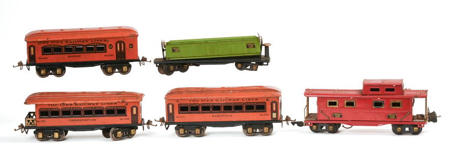 Five O Gauge Train Cars.: Three Ives Railway 132 passenger cars, American Flyer caboose, and an American Flyer gondola. Fair condition, some surface scratches, a few dents. IN HOUSE SHIPPING: We offer very competitively priced