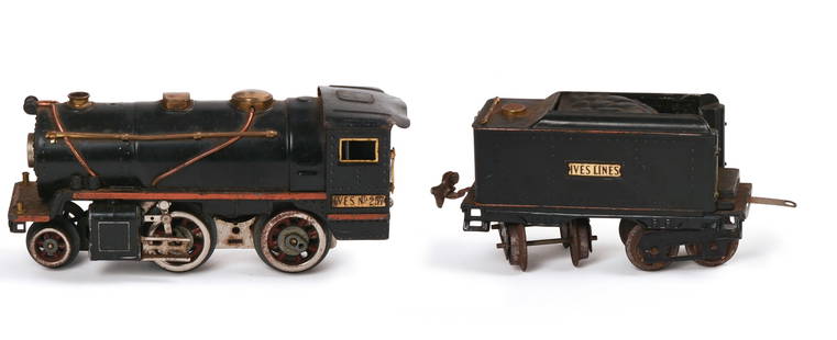 Ives 257 Steam Locomotive and Tender.: One side rail loose, some surface scratches. IN HOUSE SHIPPING: We offer very competitively priced in house shipping for all items in this sale. Please contact us for a quote.