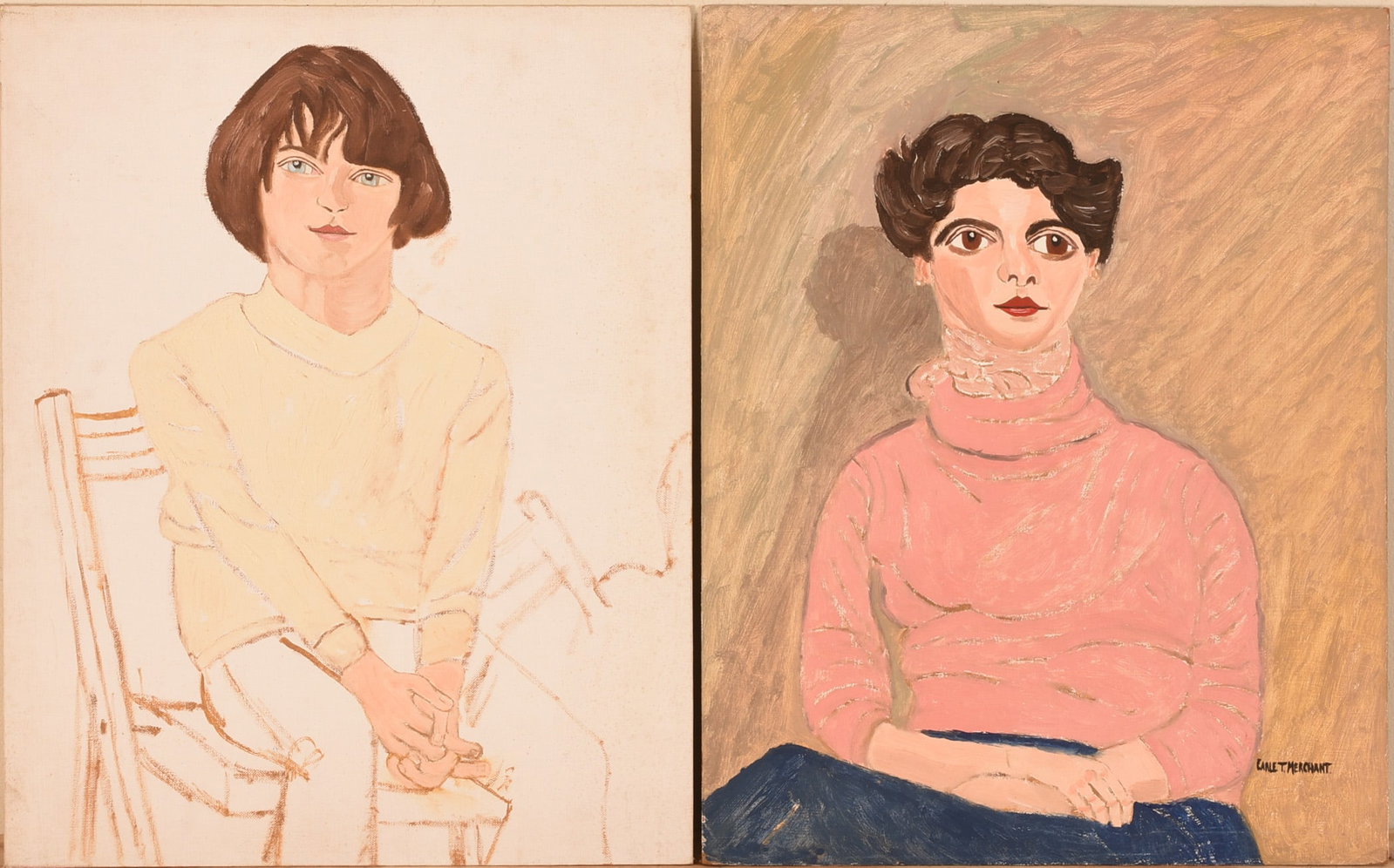 Earle Merchant (1903 - 1997). Two Portraits.: Mark Khuutunen-Aged 8, 1974, and Elizabeth Harvey, 1977. Oil on board, 20 x 16 inches. IN HOUSE SHIPPING: We offer very competitively priced in house shipping for all items in this sale. Please contac