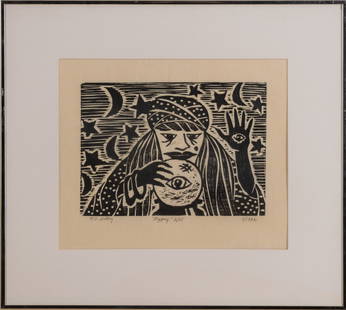 Thomas C. Libbey (1946-2025). Gypsy.: Framed woodblock print, pencil signed and dated 1992. Image 7 x 9.25 inches. Frame, 16 x 18 inches. IN HOUSE SHIPPING: We offer very competitively priced in house shipping for all items in this sale.