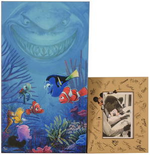 Two Signed Disney Artworks.: Mickey Mouse animator photo in a signed frame, and 'I Inked Myself,' William Silvers, 18 x 10 inches. IN HOUSE SHIPPING: We offer very competitively priced in house shipping for all items in this sale