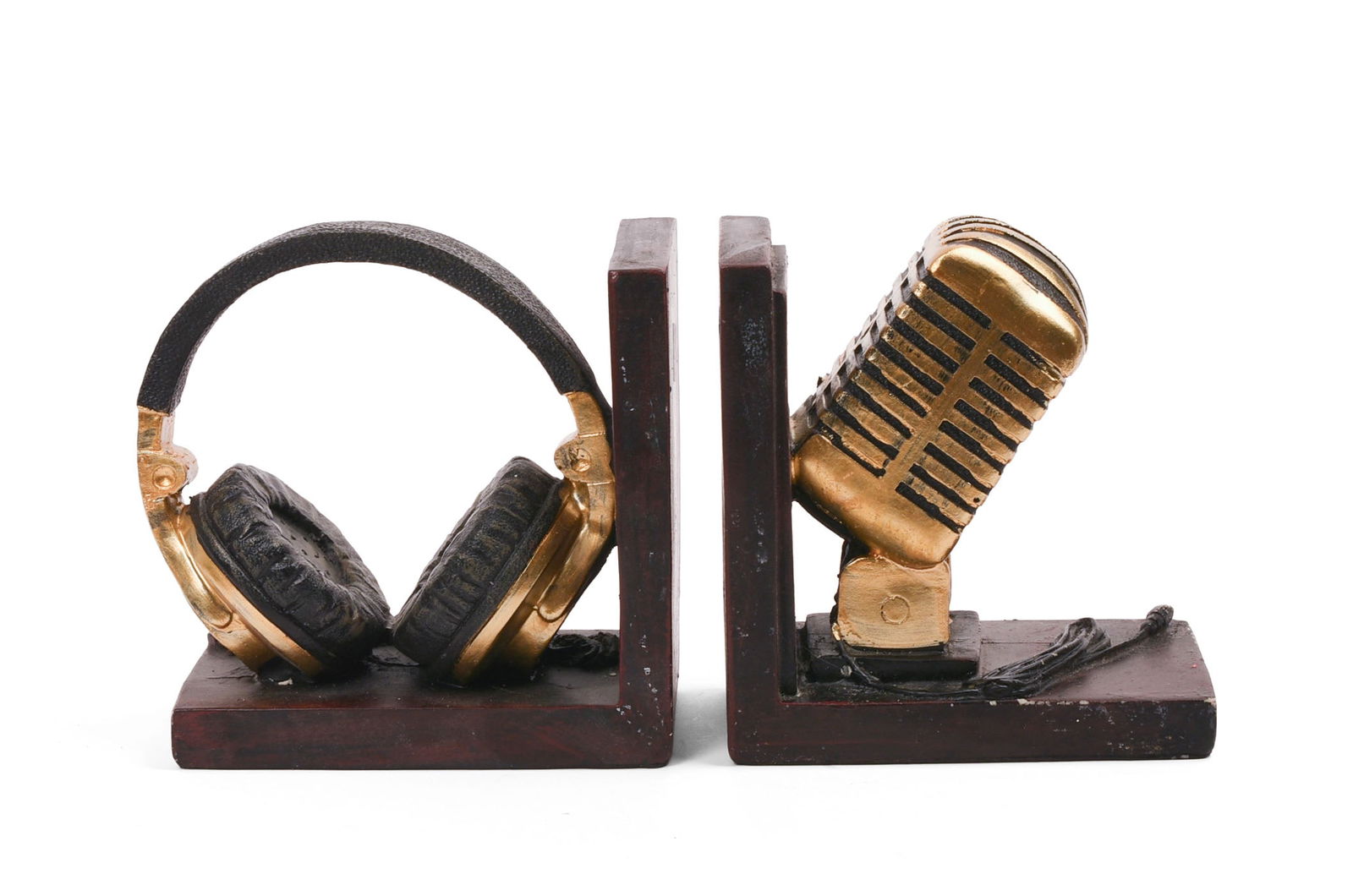 Headphone and Microphone Bookends.: Height 5 5/8, length 5 1/4 inches. Light wear. IN HOUSE SHIPPING: We offer very competitively priced in house shipping for all items in this sale. Please contact us for a quote.