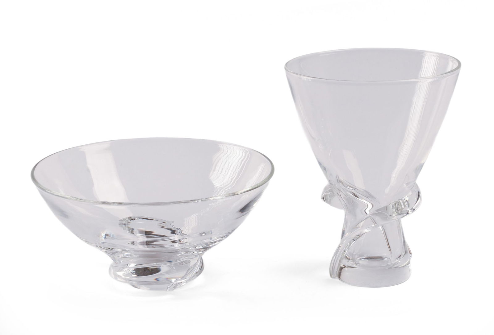 Two Steuben Swirl Design Pieces by Daniel Pollard: Diameter of bowl 7.25 inches, height of vase 6.5 inches. Both in excellent condition, in original boxes. IN HOUSE SHIPPING: We offer very competitively priced in house shipping for all items in this s