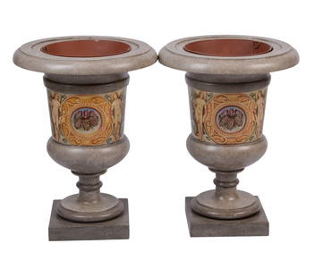 Pair of Trompe L'Oeil Hand Painted Urns.: Height 24 inches, resin with metal inserts, excellent condition. IN HOUSE SHIPPING: We offer very competitively priced in house shipping for all items in this sale. Please contact us for a quote.
