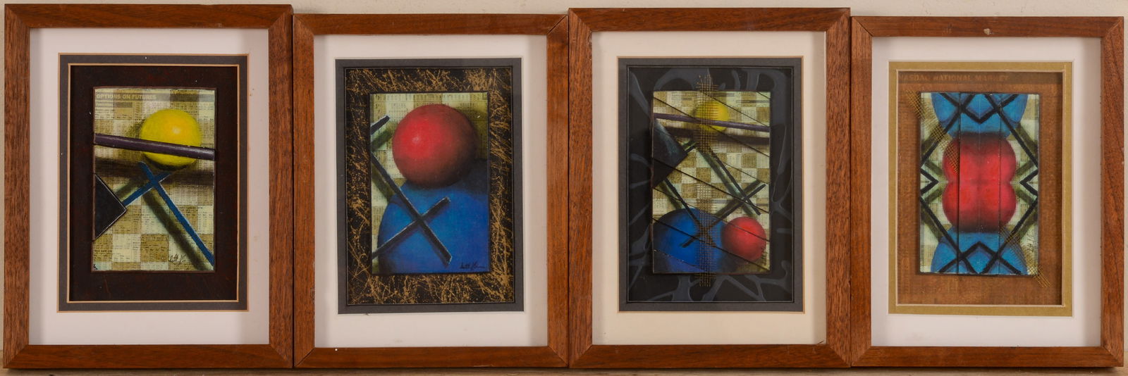 Four Small Contemporary Mixed Media Collages.: Artist unknown, framed, 9 x 7 inches. IN HOUSE SHIPPING: We offer very competitively priced in house shipping for all items in this sale. Please contact us for a quote.