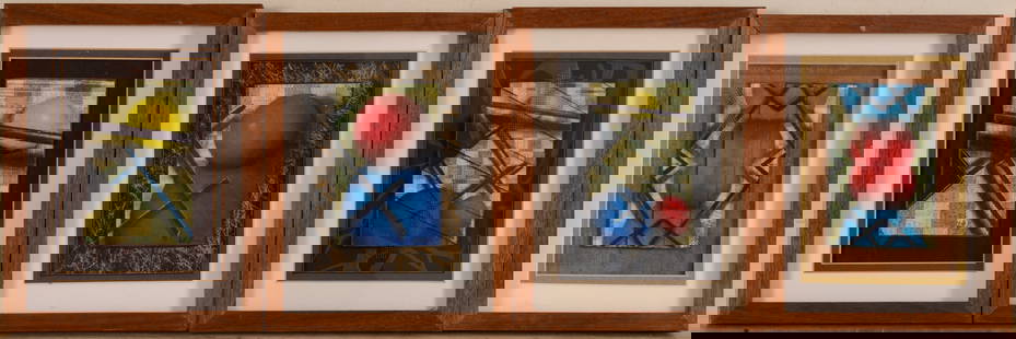 Four Small Contemporary Mixed Media Collages.: Artist unknown, framed, 9 x 7 inches. IN HOUSE SHIPPING: We offer very competitively priced in house shipping for all items in this sale. Please contact us for a quote.