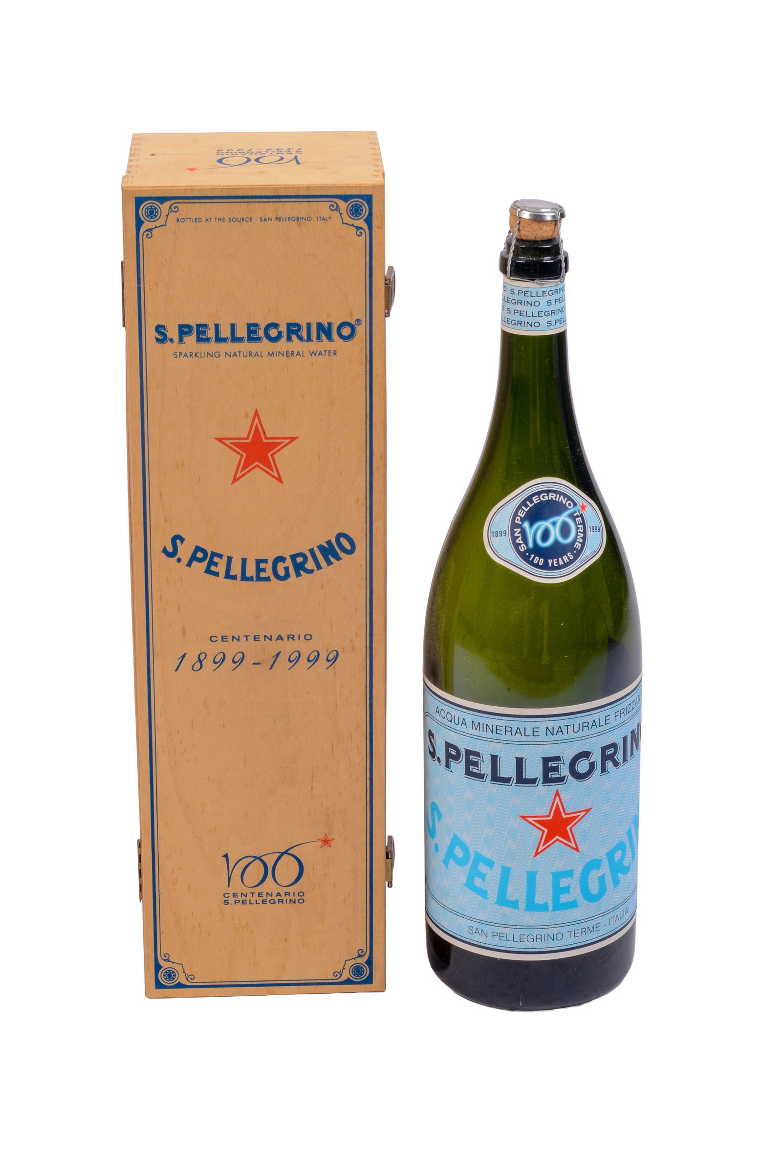 San Pellegrino Centennial Commemorative Bottle.: In original box. Height 20 inches. IN HOUSE SHIPPING: We offer very competitively priced in house shipping for all items in this sale. Please contact us for a quote.