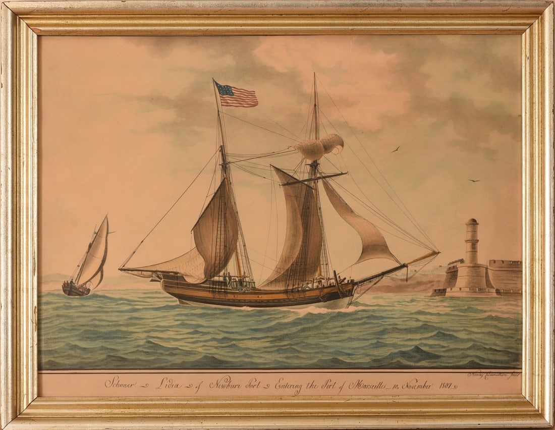 FOLK ART SHIP PORTRAIT.: Ship under Full Sail flying American Flag entering Port of Marseilles, France, Nov. 1807. Lithograph on paper, 16 1/2 x 22 1/2 inches, sight. Framed, 19 1/2 x 25 1/2 inches. IN HOUSE SHIPPING: We offe