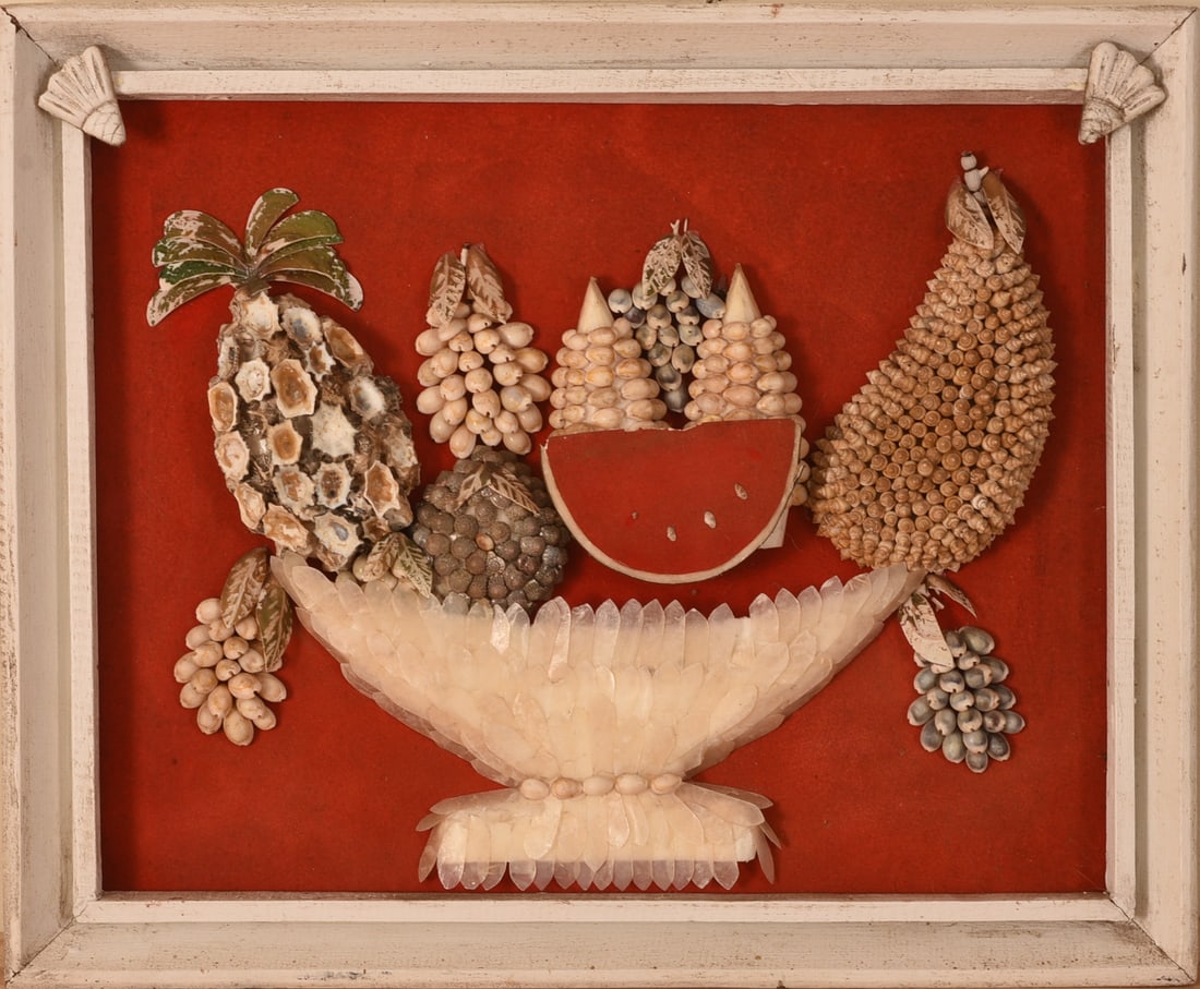 FOLK ART SHELL COMPOTE WITH FRUIT.: Framed, 18.5 x 23 inches. Good condition. IN HOUSE SHIPPING: We offer very competitively priced in house shipping for all items in this sale. Please contact us for a quote.