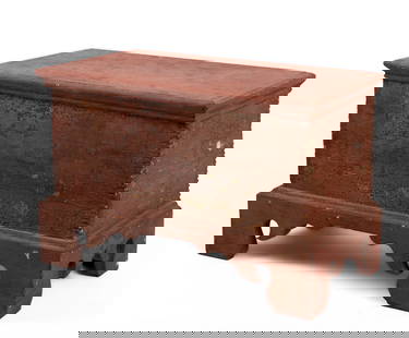 NEW ENGLAND PINE CHILD'S BLANKET BOX.: In old red paint, with boldly carved bracket base. Height 13.5 inches, width 21 inches, depth 11.5 inches. Some losses to paint, a few age cracks. Traces of what appears to be original blue paint and