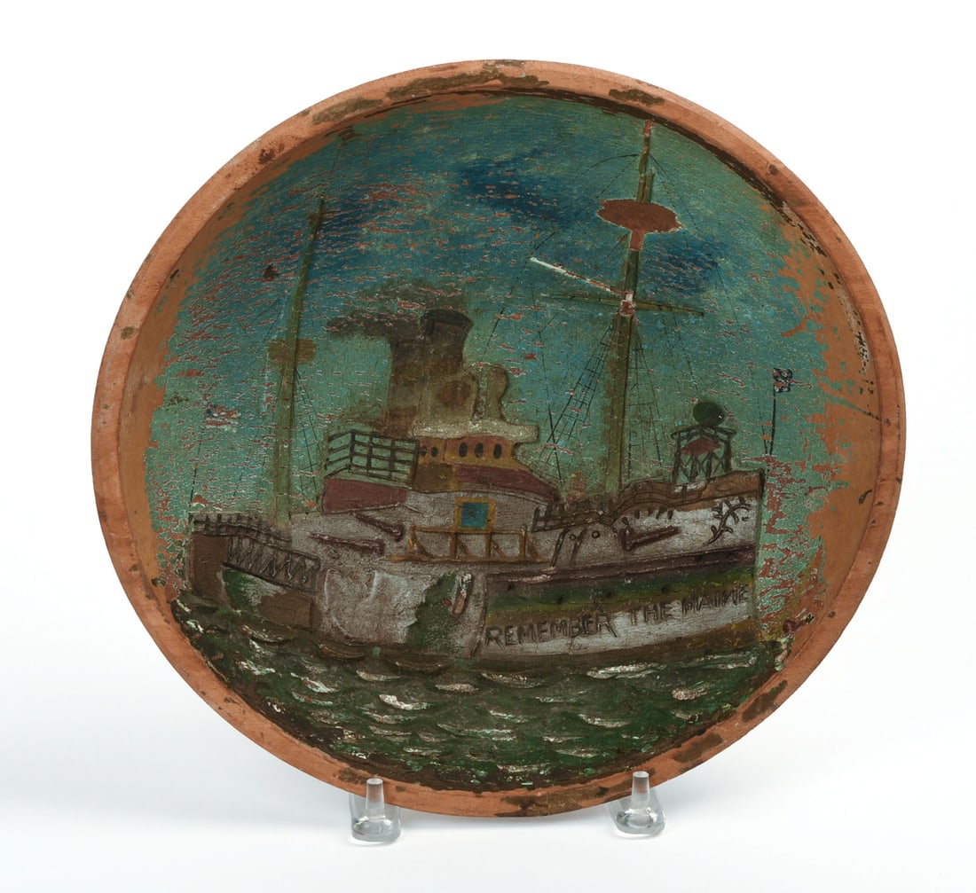 REMEMBER THE MAINE,' RELIEF CARVED AND PAINTED FOLK ART BOWL. (1 of 2)
