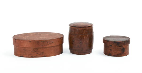 SMALL PANTRY BOX, A HARVARD BOX, AND A TOBACCO JAR.: Pantry box length 7.5 inches, Harvard box diameter 4.5 inches, height of tobacco box 4..5 inches. AAge crack to lid of Harvard box, loss to lid of tobacco box. IN HOUSE SHIPPING: We offer very competi