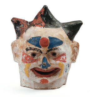 EARLY 20TH CENTURY CARNIVAL CLOWN MASK.: Papier mache, height 18 inches. Some paint loss. IN HOUSE SHIPPING: We offer very competitively priced in house shipping for all items in this sale. Please contact us for a quote.