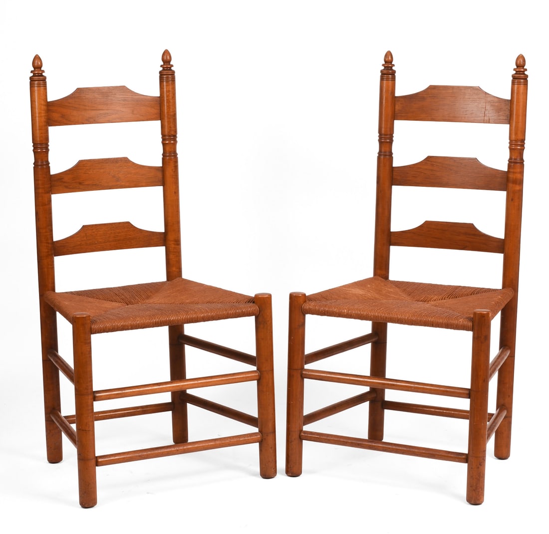 FIVE WALLACE NUTTING LADDER BACK SIDE CHAIRS.: Seat height 18 inches, overall height 43 inches, width 18 inches. IN HOUSE SHIPPING: We offer very competitively priced in house shipping for all items in this sale. Please contact us for a quote.