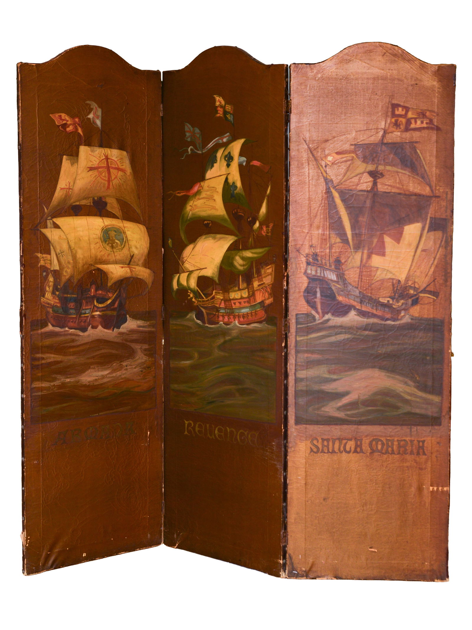 EARLY 20TH C. THREE PANEL NAUTICAL SCENES OF ANCIENT SHIPS UNDER FULL SAIL. (1 of 4)