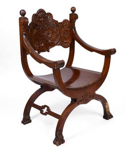 Carved Renaissance Revival Wood Savanarola Chair.: 19th c. Seat height 16 inches, overall height 39 inches, width across arms 26 inches. IN HOUSE SHIPPING: We offer very competitively priced in house shipping for all items in this sale. Please contact