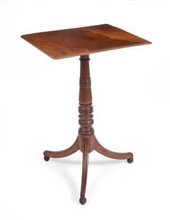 FINE EARLY 19TH C MAHOGANY GEORGIAN CANDLE STAND.: Top having molded edge, delicate turnings on pedestal, reeded legs, pad feet. Height 28 1/4 inches, top 16 3/4 x 18 3/4 inches. IN HOUSE SHIPPING: We offer very competitively priced in house shipping