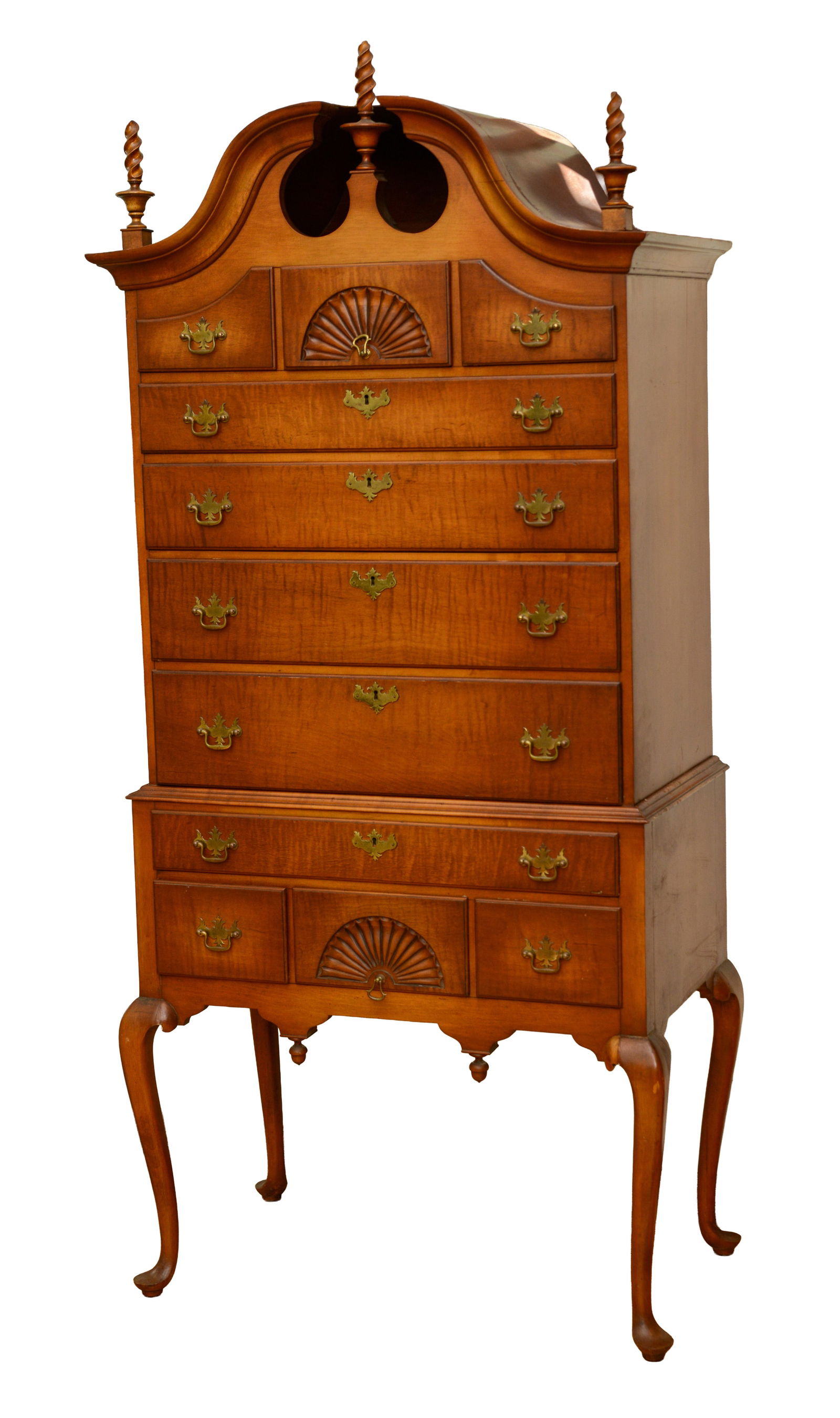 20TH C TIGER MAPLE TWO PIECE QUEEN ANNE STYLE BONNET TOP HIGHBOY. (1 of 5)