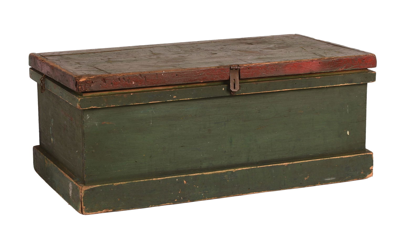 NEW ENGLAND PINE LIFT TOP BOX IN GREEN AND RED PAINT. (1 of 5)