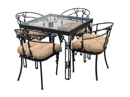 CAST ALUMINUM PATIO SET.: With table and four chairs, table height 29 inches, top 33 inches square. Good condition, a few scratches. IN HOUSE SHIPPING: We offer very competitively priced in house shipping for all items in this
