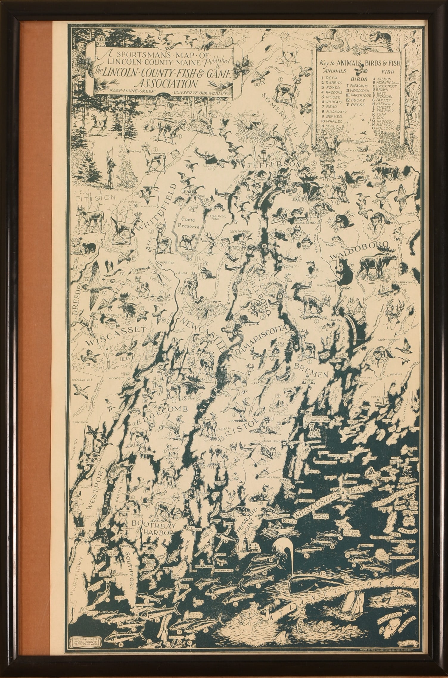 VINTAGE MAURICE 'JAKE' DAY SPORTSMAN'S MAP OF LINCOLN COUNTY, MAINE. (1 of 2)