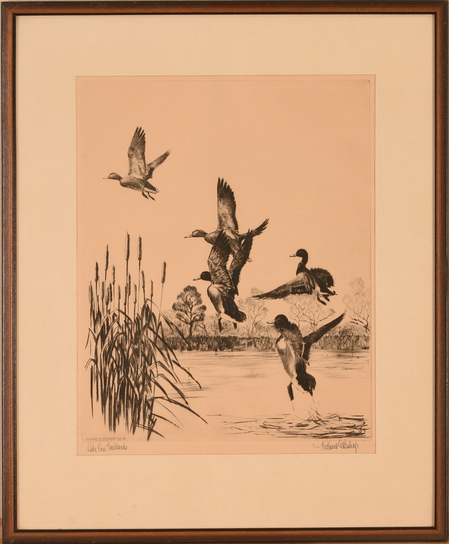 RICHARD E. BISHOP PENCIL SIGNED ETCHING "LAKE ERIE MALLARDS" (1 of 3)