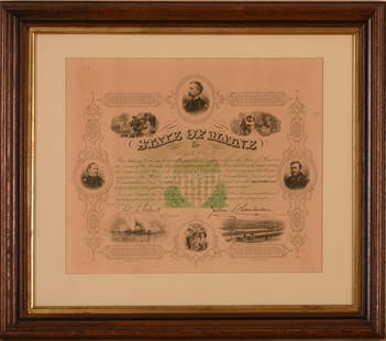 MAINE CIVIL WAR TESTIMONIAL.: Presented to Charles Choate in 1868, signed by Joshua Chamberlain and John C. Caldwell, framed. Mat opening 12 3/8 x 14.75 inches. Frame 19 x 22 3/8 inches. IN HOUSE SHIPPING: We offer very competitiv