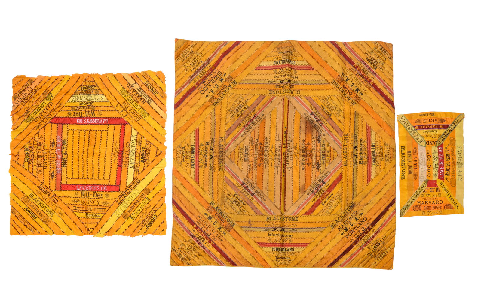 THREE SILK CIGAR BAND QUILTS. (1 of 2)