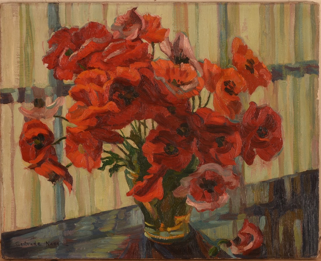 GERTRUDE NASON VASE OF RED POPPIES.: (Connecticut/New York/Massachusetts, 1890-1965), oil on canvas, signed ll, unframed. 16 x 20 inches. IN HOUSE SHIPPING: We offer very competitively priced in house shipping for all items in this sale.