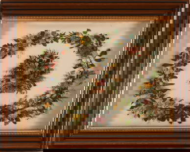 LARGE ANTIQUE FLORAL WAX WREATH.: Mounted in walnut frame shadow box, 19th c. Frame 28 x 34 inches. IN HOUSE SHIPPING: We offer very competitively priced in house shipping for all items in this sale. Please contact us for a quote.