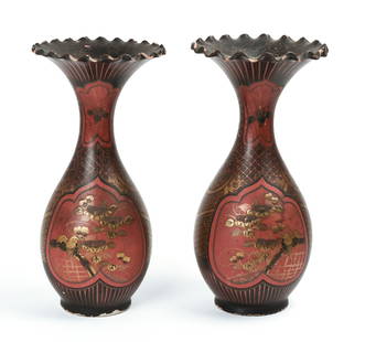 PAIR OF 19TH C. JAPANESE PORCELAIN TRUMPET VASES.: Meiji Period. Height 14 inches. Some surface losses and small chips. IN HOUSE SHIPPING: We offer very competitively priced in house shipping for all items in this sale. Please contact us for a quote.