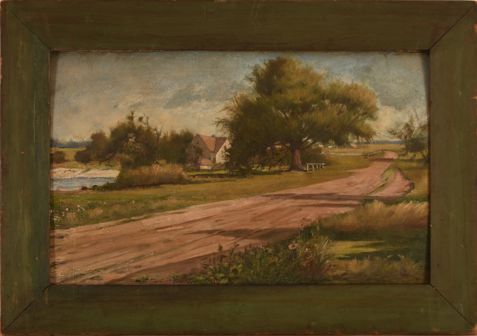 SALTWATER FARM, AMERICAN SCHOOL, 19TH CENTURY.: Oil on panel, 14.5 x 23 inches. Framed, 20 x 28 inches. IN HOUSE SHIPPING: We offer very competitively priced in house shipping for all items in this sale. Please contact us for a quote.