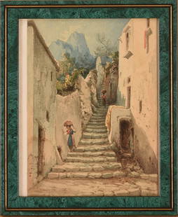 ANDREA CHERUBINI (ITALY. 1833-1905).: Framed watercolor. Two Women walking down an outdoor stairway on Capri. Signed lower left "A. Cherubini - Capri." 7 inches x 10 inches sight, 9.5 inches x 11.5 inches frame. IN HOUSE SHIPPING: We offe