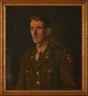 MAX OHMAYER (1903-1970. GERMANY) PORTRAIT OF A WWII US ARMY OFFICER.: Framed oil on canvas. Unit patch visible on left shoulder. Signed and dated lower left 1946 at Rothenburg ob der tau. 20 x 22 inches sight, 22 1/2 x 24 1/2 inches frame. IN HOUSE SHIPPING: We offer ve