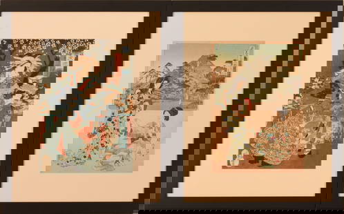 TWO EARLY JAPANESE WOODBLOCK PRINTS.: Each 9 1/2 x 13 3/4 inches, sight. Framed, 17 1/2 x 21 3/4 inches. IN HOUSE SHIPPING: We offer very competitively priced in house shipping for all items in this sale. Please contact us for a quote.