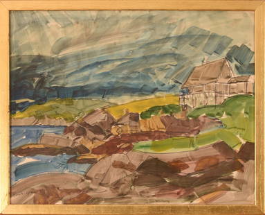 MID CENTURY IMPRESSIONIST SEASCAPE WITH COTTAGE.: Watercolor on paper, signed and dated 1967 lower left. Framed, 20 x 25 inches. IN HOUSE SHIPPING: We offer very competitively priced in house shipping for all items in this sale. Please contact us for