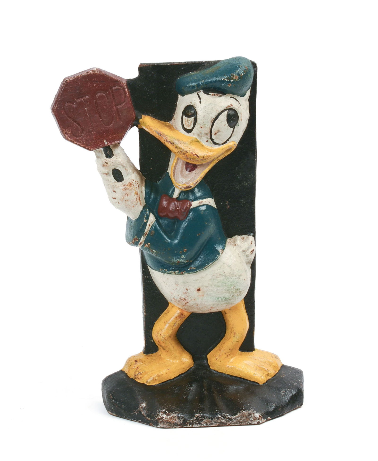 CAST IRON DONALD DUCK DOORSTOP.: Height 8 1/8 inches, width 5.5 inches. Some paint chipping. IN HOUSE SHIPPING: We offer very competitively priced in house shipping for all items in this sale. Please contact us for a quote.