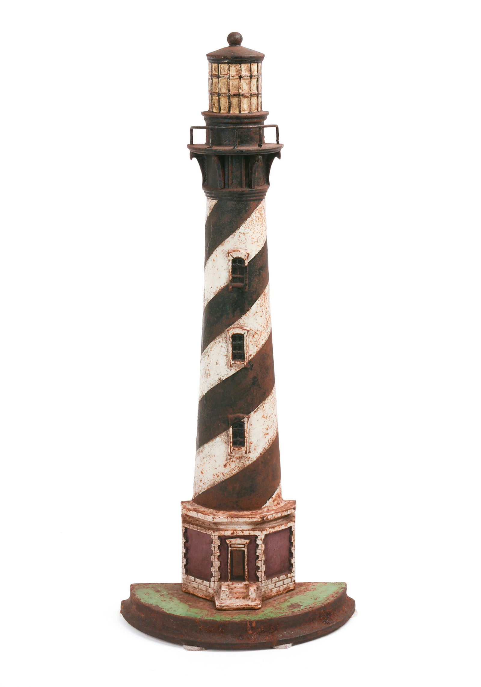 CAST IRON CAPE HATTERAS LIGHTHOUSE DOOR STOP.: In original paint, height 21.5 inches. IN HOUSE SHIPPING: We offer very competitively priced in house shipping for all items in this sale. Please contact us for a quote.