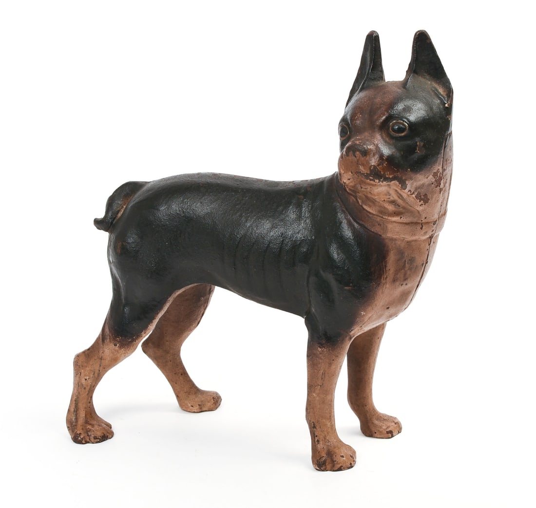 CAST IRON BOSTON TERRIER DOORSTOP.: Mostly black with some tan. 8.75 inches, length 8 inches. Paint chipping. IN HOUSE SHIPPING: We offer very competitively priced in house shipping for all items in this sale. Please contact us for a qu