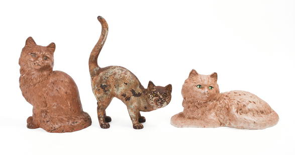 THREE CAST IRON CAT DOORSTOPS.: Sitting cat stamped on the inside with "HUBL." Possibly made by Hubley. Height of sitting cat 9 inches, width 7 inches. All with varying paint loss or chips. IN HOUSE SHIPPING: We offer very competiti