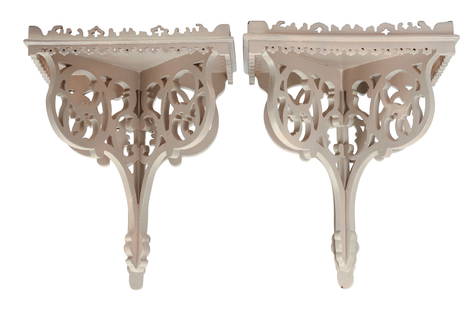 PAIR OF VICTORIAN PAINTED WALL SHELVES.: Height 16 inches, width 13 inches, depth 8 inches. IN HOUSE SHIPPING: We offer very competitively priced in house shipping for all items in this sale. Please contact us for a quote.