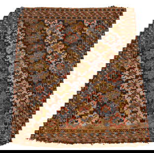 ANTIQUE CAUCASIAN RUG: 3 feet 11 inches by 4 feet 7 inches. IN HOUSE SHIPPING: We offer very competitively priced in house shipping for all items in this sale. Please contact us for a quote.