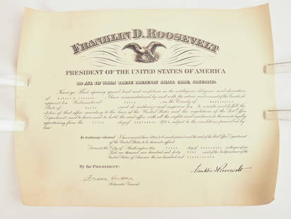FRANKLIN ROOSEVELT POSTMASTER APPOINTMENT.: Appointing Robert Johnson Postmaster of Perry, Maine, 1944. 13.5 x 18 inches, signed by Postmaster General Frank Walker, with facsimile Roosevelt signature. IN HOUSE SHIPPING: We offer very competitiv