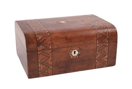 TUNBRIDGE WARE INLAID BOX WITH MOTHER OF PEARL.: 11.5 x 9 x 5.5 inches, very good condition. IN HOUSE SHIPPING: We offer very competitively priced in house shipping for all items in this sale. Please contact us for a quote.